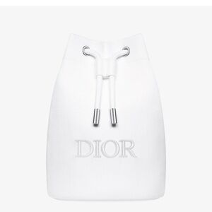 Christian Dior Beauty White Twill Drawstring Pouch Makeup Bucket Bag CD Logo New